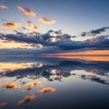 Clouds with sunlit undersides mirror perfectly in the water. Royalty Free Stock Photo