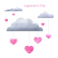 Clouds with suspended, pink, differently textured hearts. Watercolor illustration. Composition from a large set of