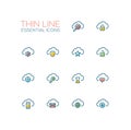 Clouds with Symbols - modern vector single thin line icons set