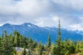 Clouds touching snow capped mountains and tall trees of autumn/fall colors