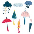 Clouds and umbrellas. Set with colorful umbrellas and clouds with rain and thunderstorms. Weather forecast, autumn clothes.
