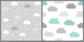 Clouds vector pattern set in scandinavian style. Cute seamless background for Valentines day with clouds and heart rain