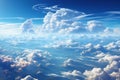 Cloudscape. Aerial view. Clouds. Blue sky background with tiny clouds. View from airplane window. Copy space.