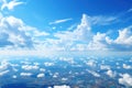 Cloudscape. Aerial view. Clouds. Blue sky background with tiny clouds. View from airplane window. Copy space.