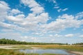 Cloudscape blue sky river lake forest sand beach daylight landscape