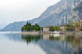Cloudy aerial cityscape of Lecco town on spring evening. Picturesque waterfront of Lecco town located between famous Lake Como and Royalty Free Stock Photo