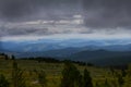 Cloudy alpine landscape with mountains and forest