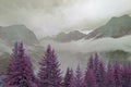 Cloudy mountain landscape with forest in surreal colours