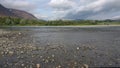 Cloudy August day on the river Sob. Polar Urals, Russia