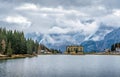 Cloudy autumnal landscape at Lake Misurina, Auronzo di Cadore, Veneto, Italy. Royalty Free Stock Photo