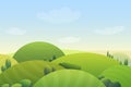Cloudy blue sky over green hills and green trees in meadow cartoon cute vector illustration landscape. Royalty Free Stock Photo