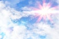 Cloudy blue sky with red and yellow sunbeam Royalty Free Stock Photo