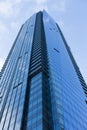 cloudy blue sky reflection skyscraper glass exterior trees framing Royalty Free Stock Photo