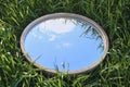 Cloudy Blue Sky Reflection in Round Wood Mirror on Summer Field with Green Grass. Nature Concept. Earth Day. Save Royalty Free Stock Photo
