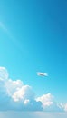 Cloudy blue sky with a small paper plane visible fluffy clouds wispy Royalty Free Stock Photo