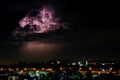 Cloudy with Bright lightning bolt strikes in the rural landscape of small city and satellite station Royalty Free Stock Photo
