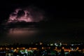 Cloudy with Bright lightning bolt strikes in the rural landscape of small city and satellite station Royalty Free Stock Photo