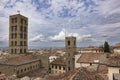 A cloudy day in Arezzo: a view of the city`s bell towers, towers, and roofs from the Confraternita dei Laici tower