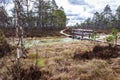 Marsh landscape with river and wooden bridge over it Royalty Free Stock Photo