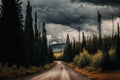 On a cloudy day, a forest road. National Park in Montana, United States