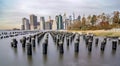 Cloudy day at lower Manhattan skyline view from Brooklyn Bridge, New York Royalty Free Stock Photo