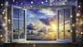Cloudy Day Serenity A Dreamlike Interior View Through an Open Window Capturing the Tranquil Beauty of Nature and Royalty Free Stock Photo