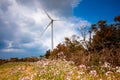 Cloudy evening landscape with two windgenerator at a coast in Jeju Island, Korea. Royalty Free Stock Photo