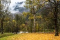 Cloudy and foggy autumn alpine mountain scene. Austrian Lienzer Dolomiten Alps