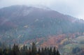 Cloudy and foggy autumn mountains scene. Peaceful picturesque traveling, seasonal, nature and countryside beauty concept scene. Royalty Free Stock Photo