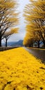 Romantic Landscapes: A Yellow Roadway With Trees And Leaves