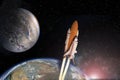 Cloudy launch of rocket into starry outer space. Royalty Free Stock Photo