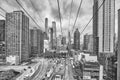 Cloudy Manhattan seen from aerial tramway going to Roosevelt Island.