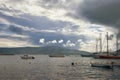 Cloudy Mediterranean landscape with boats on the water.  Montenegro, view of Bay of Kotor near Tivat city Royalty Free Stock Photo