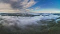 Cloudy misty morning in VIlnius, aerial panorama view