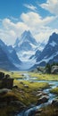 Cloudy Mountains: A Detailed Fantasy Art Painting Of Tundra And Mountains