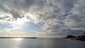 Cloudy overcast sky on a quiet and calm sea water shore scene