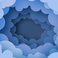 Cloudy paper cut art. Night sky clouds paper craft style. volumetric cloudscape. Round frame. Blue.