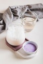 Cloudy pink matcha with taro vegetable in a glass on the table vertical view Royalty Free Stock Photo