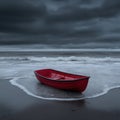 Cloudy rainy ocean with a tiny red rowboat in the waves Royalty Free Stock Photo