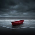 Cloudy rainy ocean with a tiny red rowboat in the waves Royalty Free Stock Photo