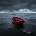 Cloudy rainy ocean with a tiny red rowboat in the waves Royalty Free Stock Photo