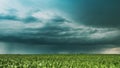Cloudy Rainy Sky. Dramatic Sky With Dark Clouds In Rain Day. Storm And Clouds Above Summer Maize Corn Field. Time Lapse Royalty Free Stock Photo