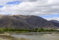 Cloudy skies cast shadows on the Himalayan mountains and the Yarlung Tsangpo River and Tibetan Plateau along Brahmaputra Valley, i