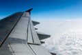 cloudy sky and airplane wing as seen through window of an aircraft. Royalty Free Stock Photo