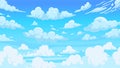 Cloudy sky background. Cartoon atmospheric anime scenery with white clouds and sunny blue summer sky. Vector sunny Royalty Free Stock Photo