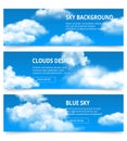 Cloudy sky banners. Realistic clouds weather condensation blue afternoon vector template with place for your text