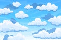 Cloudy sky. Cartoon background with blue summer sky and cumulus clouds. Vector clean air and atmosphere concept Royalty Free Stock Photo