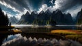 Cloudy Sky Mountains river Lake landscape design illustration. ai generated