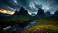 Cloudy Sky Mountains river Lake landscape design illustration. ai generated