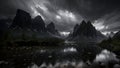 Cloudy Sky Mountains river Lake landscape design illustration. ai generated